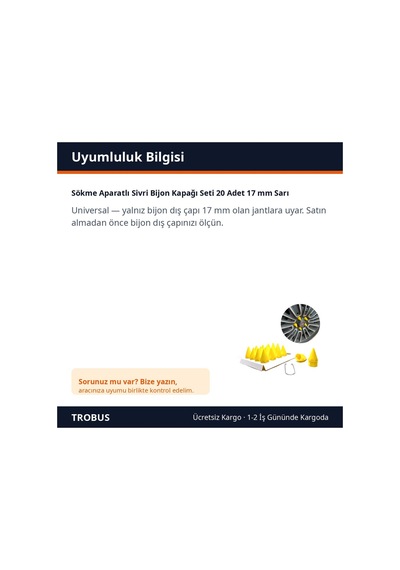 Trobus Sökme Aparatlı Sivri Bijon Kapağı Seti 20 Adet 17 Mm Sarı