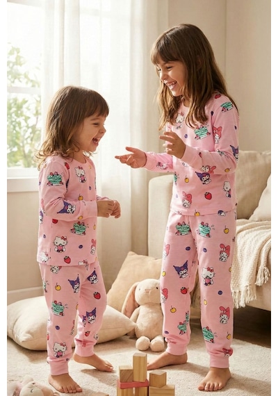 Cute Hello Kitty Ve Kuromi Desenli Kız Çocuk Pijama Takımı Pembe