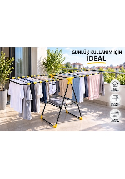 Arvıona 190 Cm Kanatlı Çamaşır Kurutmalığı Mandal Sepetli Metal Sarı - Siyah