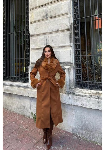 Dip Moda Neşeli Butik Kadın Taba Bilek Ve Yaka Kürk Detaylı Tam Boy Kaşe Kaban Nbstr1033