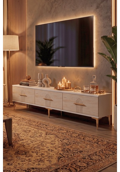 Tsa1815bt - İda Tsa180 Tv Stand, Tv Sehpası Ve Tv Ünitesi Beyaz - Traverten 180cm
