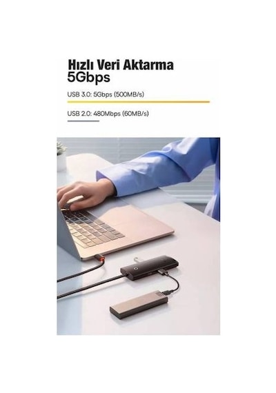 Baseus 0.25CM 5Gbps Veri Aktarım 4 Portlu USB to USB 3.0 Dönüştürücü Çevirici Hub Tak Çalıştır