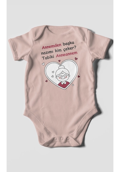 Annemden Başka Nazımı Kim Çeker Tabiki Annanem Baskılı Bebek Zıbını Çıtçıtlı Body Kısa Kol Pastel Pembe