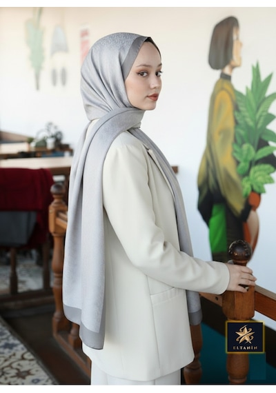 Premium Lux Original Monogram Şal İpek Vual, Yüksek Kalite, Hafif, Rahat, Şık, Tesettür, Shawl Açık Gri Gri Şeritli