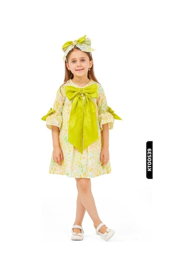 Xo Kids A-line Kalıplı Büzgülü Kollu Kurdele Detaylı Yay Başörtülü Kız Çocuk Elbise 1-5 Yaş 6564 Yeşil
