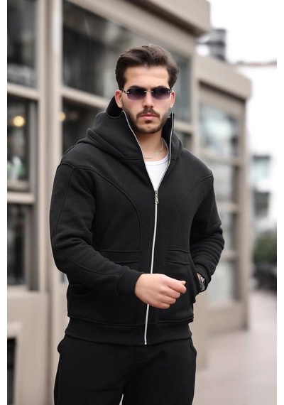 Barlashive Erkek 3 İplik Şardonlu Maskeli Ninja Model Çift Kapüşonlu Fermuarlı 4 Cepli Sweatshirt- Siyah Çok Renkli