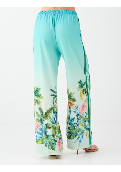 Jimmy Key Mint Yeşili Tropikal Desenli Şerit Detaylı Saten Pantolon 6sw187491332