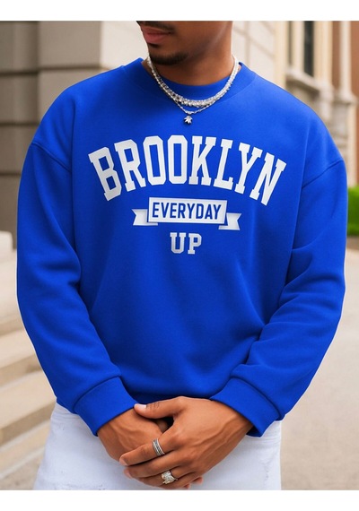 Benroma 3 İplik Penye Brooklyn Baskılı Unisex Sweatshırt Saks Mavisi