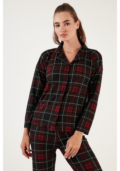 Lela Desenli Beli Lastikli Gömlek Yaka Dokuma Bayan Pijama Takımı 6095660W4 Antrasit-Kırmızı