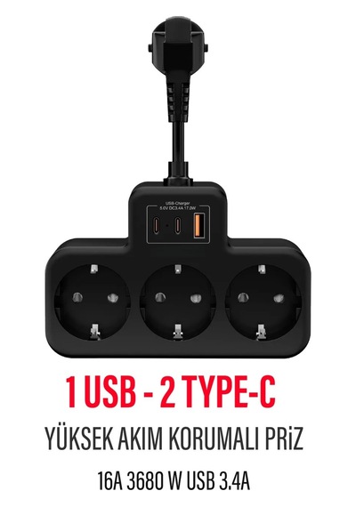Fulltech Çoklu Kablolu Priz Yüksek Gerilim Korumalı 3 Lü Priz 1x Usb 2x Type-c Çıkışlı Grup Priz Çoğaltıcı 0