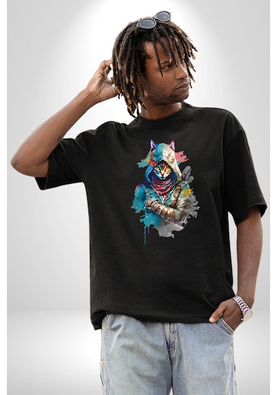 Kedi Assassin's Creed Pamuklu Bisiklet Yaka Unisex Oversize Boyfriend Dijital Baskılı Siyah T-shirt Siyah