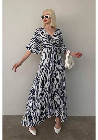 Madmext Lacivert Zebra Desenli V Yaka Yarım Kollu Elbise Mg2394