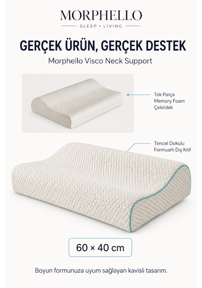 Morphello Neck Support Ortopedik Boyun Destekli Visco Yastık 60x40 Cm Memory Foam, Fermuarlı Yıkanabilir Kılıf Beyaz - Yeşil