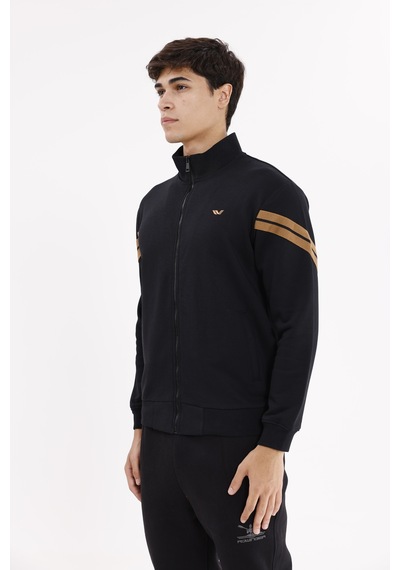Rowinger Dik Yaka Çift Şerit Kollu Tam Fermuarlı Sweatshirt Black
