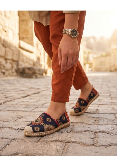 Futsishoes Vıola Lacivert Hakiki Deri Kilim Desenli Kadın Etnik Desen Espadril Ayakkabı