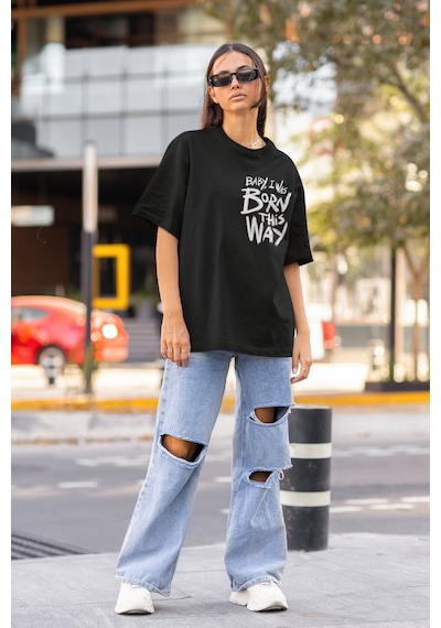 Sevbano Baby I Was Born This Way Yazılı Sırt Baskılı Unisex Oversize Şark Siyah