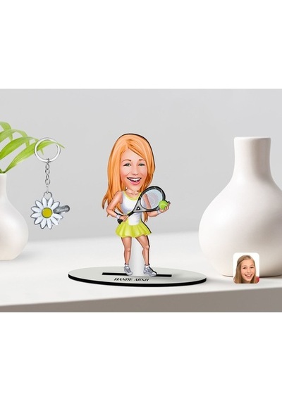 Kişiye Özel Kadın Tenis Oyuncusu Karikatürlü 3D Ahşap Biblo Ve Is (473567008)
