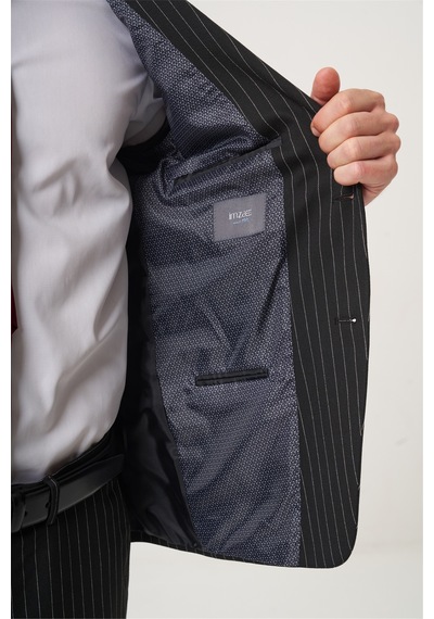 İmza Siyah Mono Yaka Çizgili 6 Drop Slim Fit Tam Astar Esnek Takım Elbise 1001260149