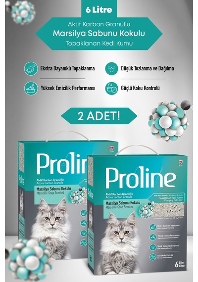 Proline Aktif Karbon Tanecikli Marsilya Sabunu Kokulu Kedi Kumu 2x6 Lt