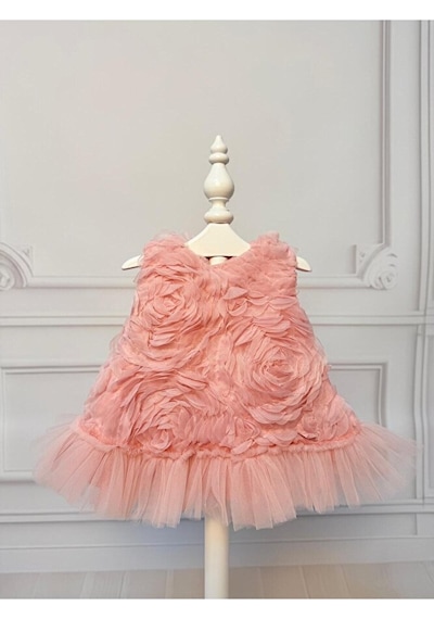Ministok Mira Gül Kabartmalı Arkası Fiyonklu Kız Bebek Elbise Pembe