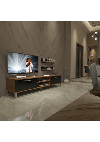 Decoraktiv Eko 4 Mdf Dvd Krom Ayaklı Tv Ünitesi Tv Sehpası Ceviz - Siyah