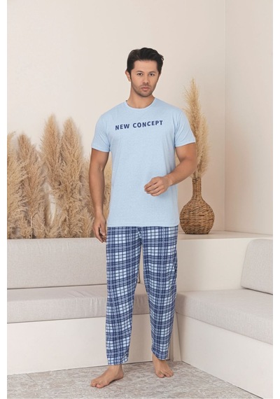 Sude Homewear Erkek Ekoseli Kısa Kol Pijama Takımı Mavi