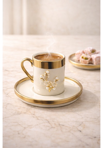 2 Kişilik Lüks Beyaz Gold Yaldızlı İnci Lotus Kahve Fincan Takımı Seti 100ml