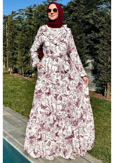 Rabia Şamlı Botanik Elbise Bordo Normal