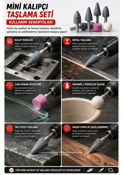 Mini Kalıpçı Taşlama Seti 5'li Taş Seti Metal, Cam, Seramik Ve Taş İçin Hassas Taşlama 6 Mm Sapl