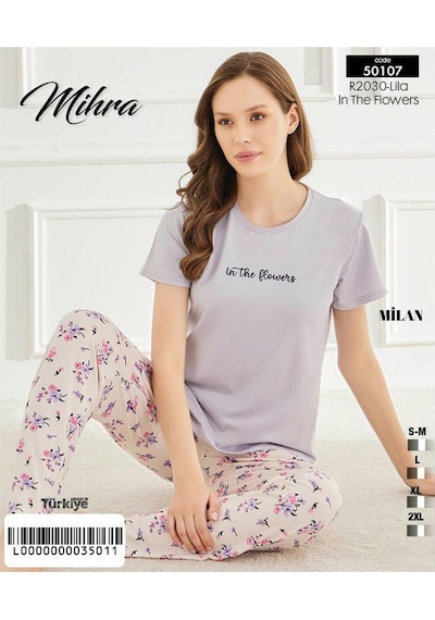 Mihra Kadın Bisiklet Yaka Milan Likralı Kısa Kol Pijama Takımı 50107lila - 1 Adet Lila