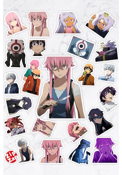 Mirai Nikki The Future Diary Anime Telefon Laptop Yapışkanlı Folyo Sticker Paketi 23 Adet Çok Renkli