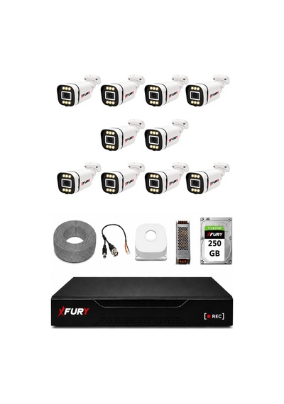 Fury 10 Kameralı 5mp Lens 1080p 6 Warm Led Renkli Gece Görüşlü Güvenlik Kamera Sistemi 250gb 1606