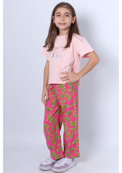 Hçm Kız Çocuk İkili Takım Baskılı Oversize İspanyol Paça E15 Pembe