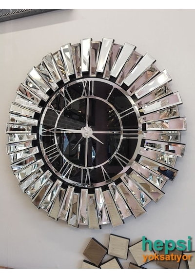 Güneş Silver Black Gümüş Siyah 85 Cm Dekoratif Aynalı Duvar Saati