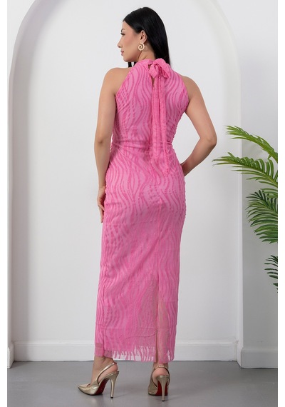Kalopya Halter Yaka Beli Tokalı Bağlamalı Elbise Grs4023 Pembe