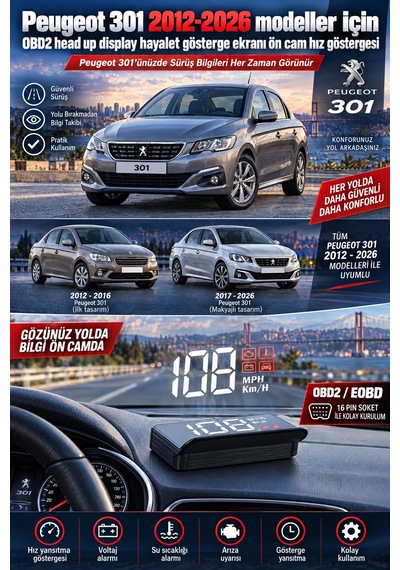 Peugeot 301 2012-2026 Modeller İçin Obd2 Head Up Display Hayalet Gösterge Ekranı Ön Cam Hız Göstergesi