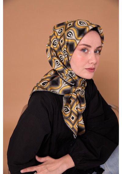 Twill İpek Eşarp 11470-31 Siyah, Yanık Sarı, Gri, Antrasit