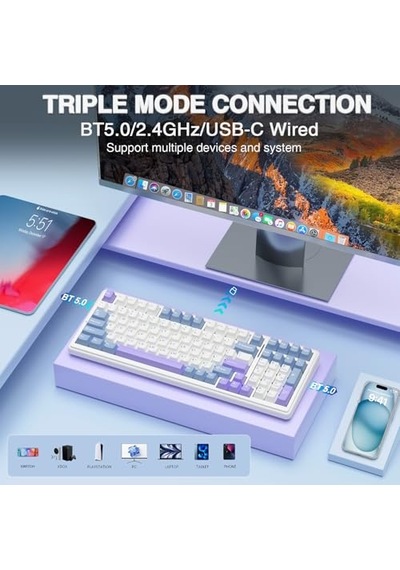 F99 3 Modlu Rgb Hot Swap Mekanik Linear Graywood V3 Switch Kablosuz Makrolu Klavye Lila