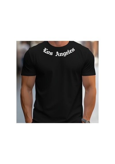 Caddemia Yaz Gevşek Boyut Los Angeles Grafik Baskılı Slim Fit Gündelik Spor Yuvarlak Siyah 2XL