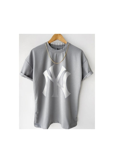 Flood Of Style Erkek Gri Yankee Ny Baskılı Oversize Bisiklet Yaka Penye Tişört