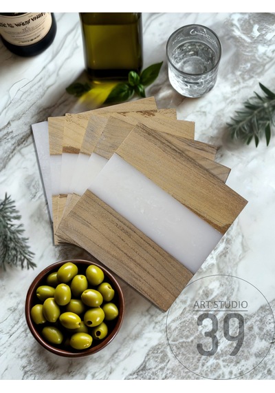 Ceviz & Beyaz River Epoksi Bardak Altlığı Seti 6 Lı, El Yapımı Ceviz Ahşap, 12x12 Cm, Modern & Şık Tasarım Beyaz
