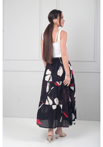 By Saygı Kadın Beli Lastikli Astarlı Çiçek Desenli Fırfırlı Midi Cotton Etek Siyah