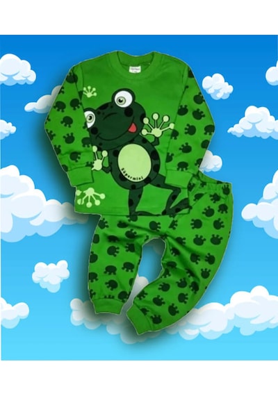 Bilge Trend Kurbağa Desenli Erkek Çocuk Pijama %100 Pamuk Yeşil