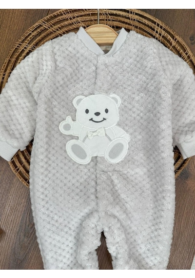 101 Dalmaçyalı Peluş Ayıcık Nakışlı Patikli Çıtçıtlı Kışlık Erkek Bebek Tulum Gri