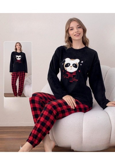 Boyraz Kadın Kışlık Bisiklet Yaka Soft Kadife Pijama Takımı 07016 - 1 Adet Siyah