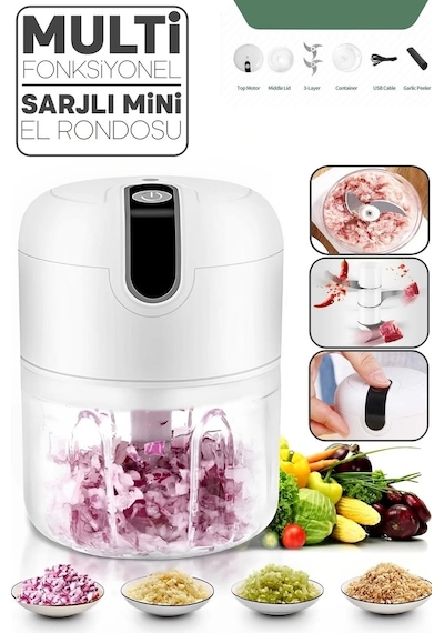 Şarjlı Mini El Rondosu Çelik 3 Bıçaklı 250 Ml Mutfak Robotu Hazneli Rondo Sebze Et Doğrayıcı Rende