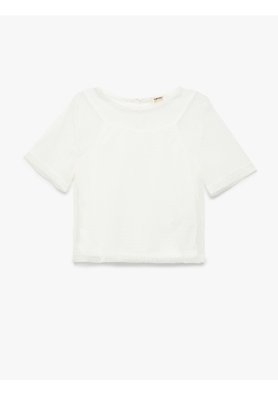 Koton Astarlı Kısa Kollu Bisiklet Yaka Tül Crop Bluz Ekru 5skg60196ak Ekru