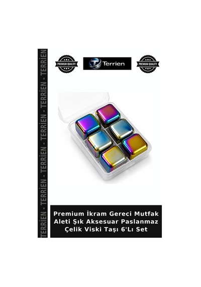 Premium İkram Gereci Mutfak Aleti Şık Aksesuar Paslanmaz Çelik Viski Taşı 6'lı Set