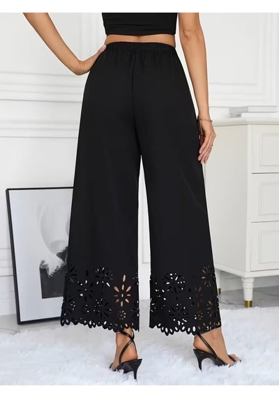Efnaz Style Kadın Yüksel Bel Beli Lastıklı Çiçek Desenli Lazer Kesım Detaylı Ithal Krep Pantolon siyah