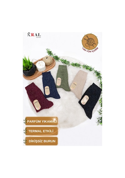 Kral Socks Çorap 5 Çift Kışlık Yün Çorap Lambswool Özel Kuzu Yünlü Kadınlar Için Termal Özellikli ASORTİ